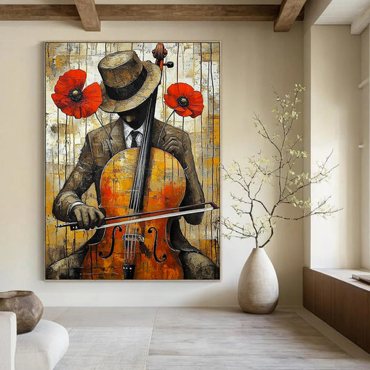 Contemporary abstract art featuring a cello player in vibrant yellow red and brown with dripping paint effect and urban background showcasing heavy brush strokes. DLZ1304