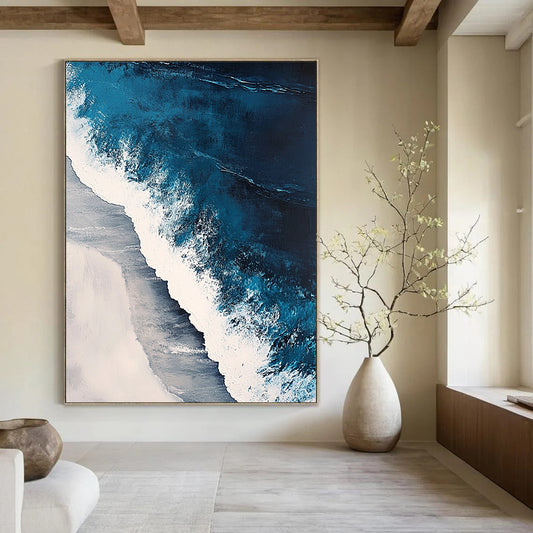 Contemporary abstract painting featuring oceanic waves in surreal blues and whites with textured details capturing nature's beauty in a hyper-realistic style. DLZ0846
