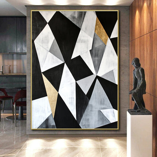 Black, White, Gray, Gold, Angular Collage "Gilded Industrial Fusion" Abstract Modernist Painting On Canvas HB128