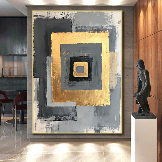 Gray, Black, Gold and White Geometric Squares "Nested Squares" Painting On Canvas HB347