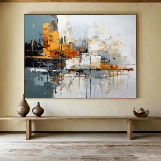 Grey - Orange Abstract Cityscape - Modern Living Room Centerpiece DLZ002