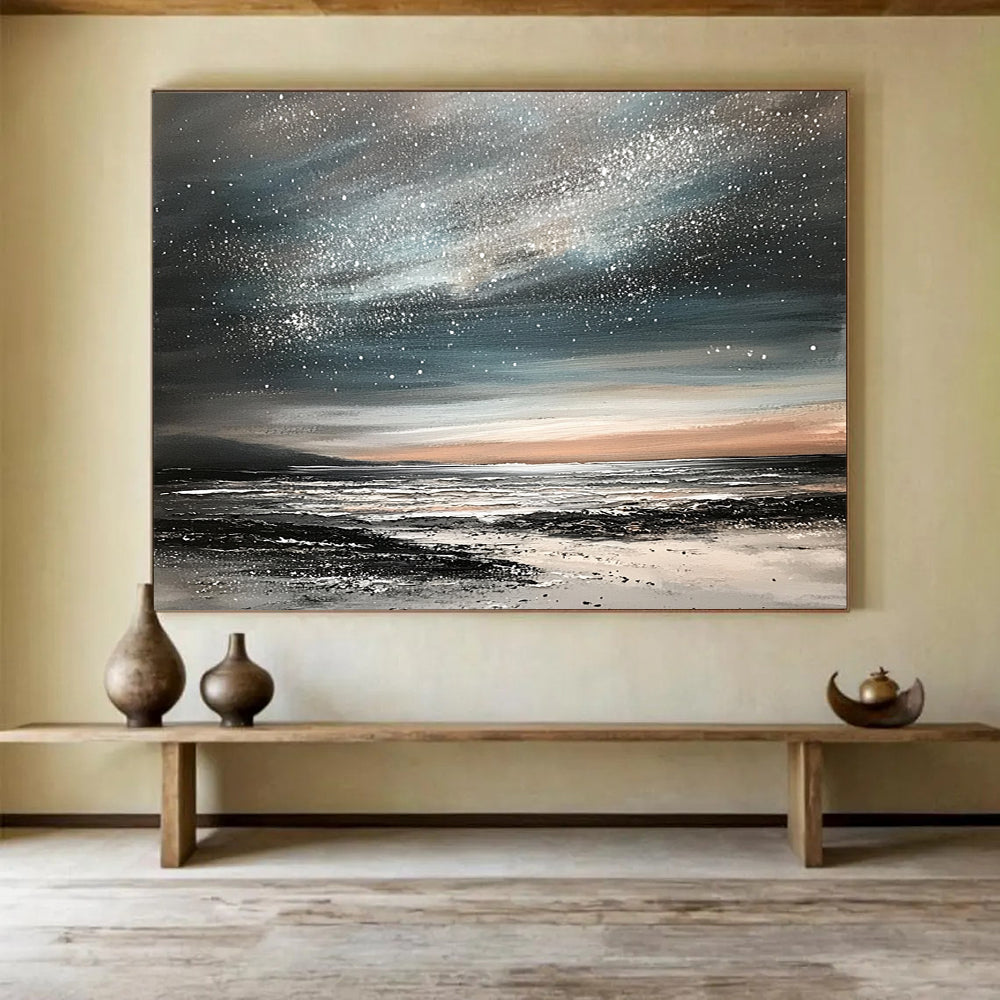 “Starry Night Coastal” - Black, Gray, Silver, Orange, Dreamy Night Sky & Sea Scenes Painting On Canvas HB1025