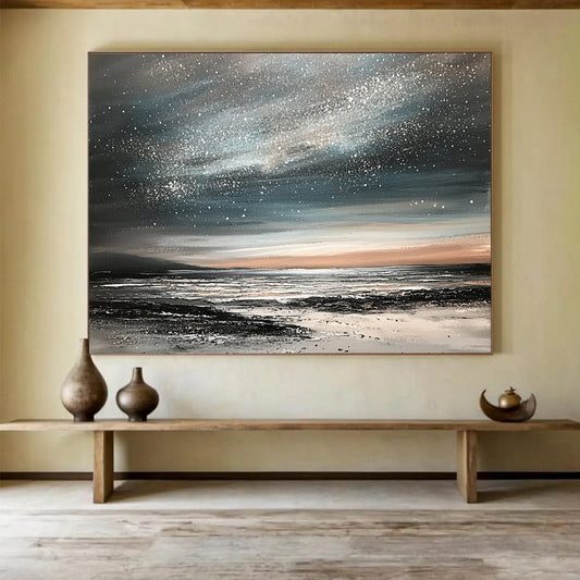 “Starry Night Coastal” - Black, Gray, Silver, Orange, Dreamy Night Sky & Sea Scenes Painting On Canvas HB1025