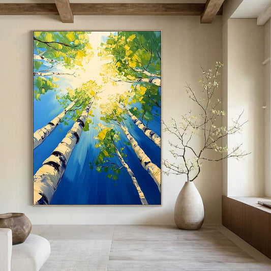 Contemporary hand-painted artwork depicting birch trees with vibrant green leaves under a bright blue sky capturing tranquility and vitality. DLZ1708