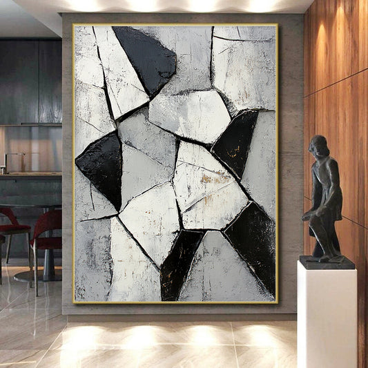 Gray, Black, White, Fragmented Shapes "Broken Mosaic" Abstract Cubist - Inspired Painting On Canvas HB060