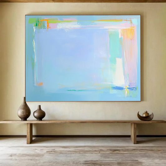 “Soft Color Block Abstraction” - Light blue, pastel green/orange, minimalist blocks, Abstract Painting On Canvas HB0587