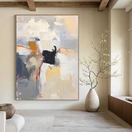 Contemporary abstract painting features soft brushstrokes serene colors textured layers and tranquil composition evoking calmness and depth. DLZ0927