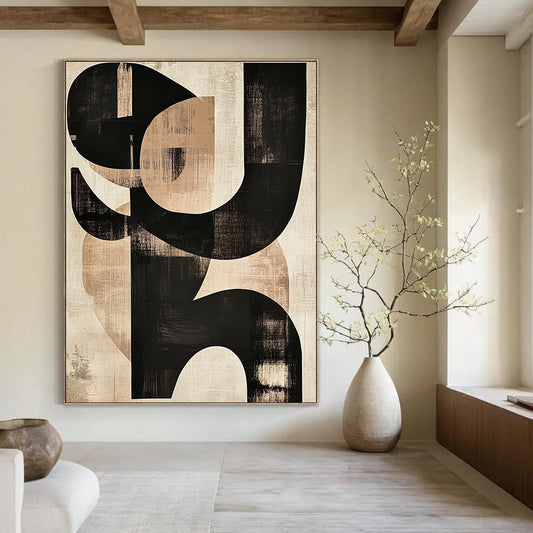 Large contemporary hand-painted abstract art featuring black and beige shapes with prominent S letters on textured paper. DLZ0295