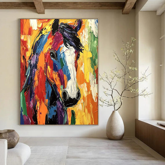 Contemporary abstract art features a colorful horse, created with palette knife techniques in vibrant acrylics, perfect for modern decor. DLZ0615
