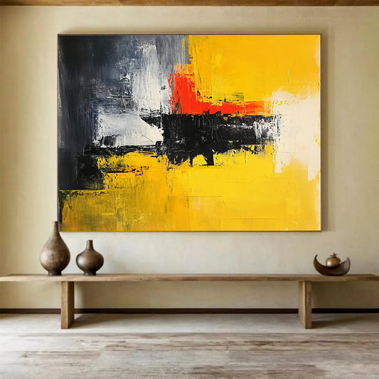 “Yellow Red Black Abstract” - Yellow, Red, Black, White, Gray, Textured Brushstrokes - Painting On Canvas HB1442