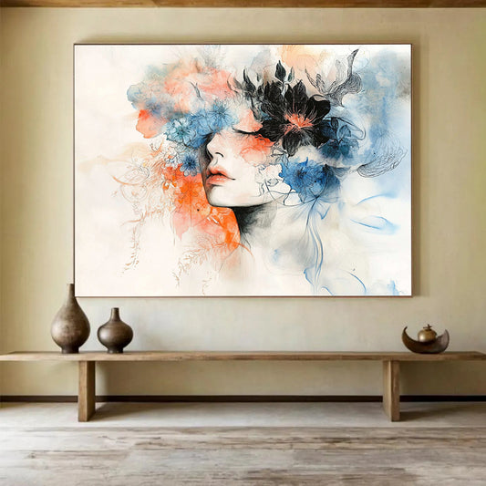 “Dreamy Floral Portrait” - Blue, Orange, Floral, Portrait Painting On Canvas HB0759