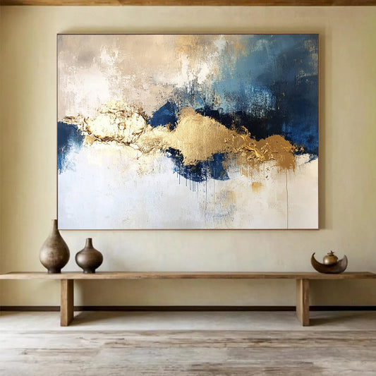 “Textured Gold - Blue - Gray Clouds” - Gold, Blue, Gray, White, Cloud - Like Shapes Painting On Canvas HB0823