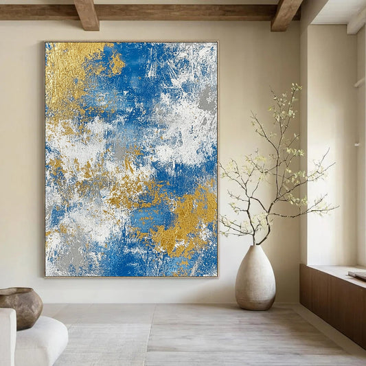 Contemporary hand-painted abstract art featuring a textured blend of blue gold white beige and silver tones for a sophisticated decor accent. DLZ0340