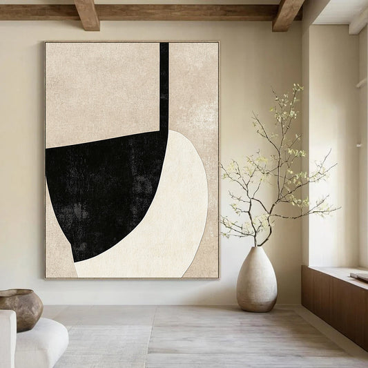 Contemporary hand-painted abstract artwork featuring bold black outlines on textured beige background ideal for minimalist wall decor. DLZ1467
