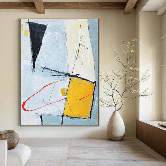 Contemporary hand-painted abstract artwork featuring light blue gray and yellow shapes connected by red curves on an off-white background within a square format. DLZ1021