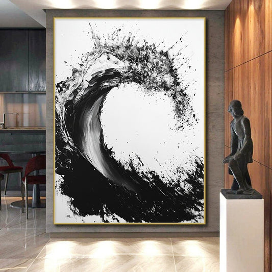 Black & White Ink Wave - “Powerful Ocean Ink” Painting On Canvas HB235