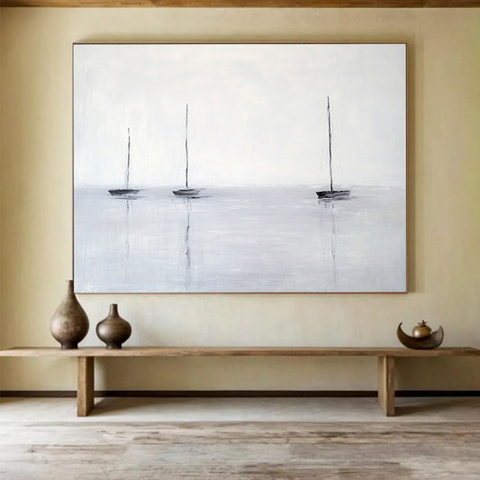 “Sailboats on Gray Water” - Gray, Black, Minimalist Sailboat Scene Painting On Canvas HB0959