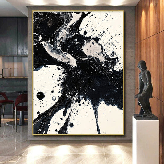 Black, White, Fluid Ink Blends "Ink Fusion" Abstract Expressionist Painting On Canvas HB139