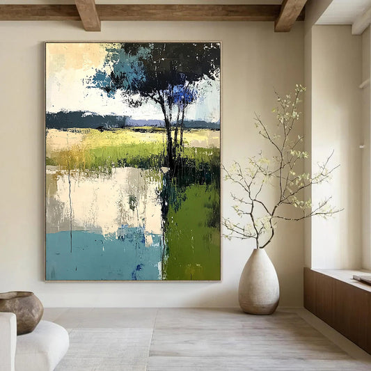 Contemporary abstract painting featuring soft edges trees and grass in muted greens blues and grays created with thick brush strokes and palette knife techniques. DLZ0419