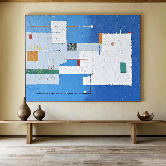 “Blue - White Abstract Geometric Composition” - Blue, White, Colorful Geometric Shapes Painting On Canvas HB0835