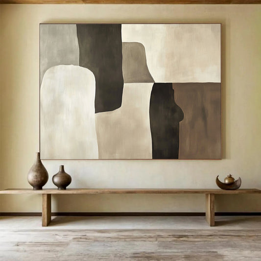 “Neutral Shapes Collage” - Gray, beige, white, brown, Minimalist Abstract Painting HB0618