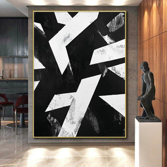 Black and White Geometric Abstraction "Dynamic Contrast" Painting On Canvas HB393