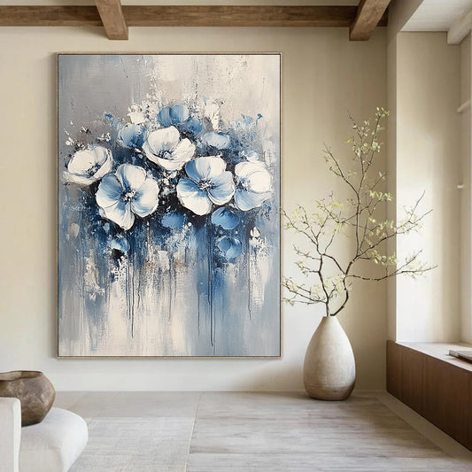 Contemporary abstract painting featuring delicate blue and white floral motifs against a soft grey background, perfect for modern decor. DLZ0349