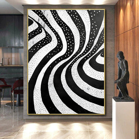 Black and White Wavy Dots "Rhythmic Flow" Painting On Canvas HB255