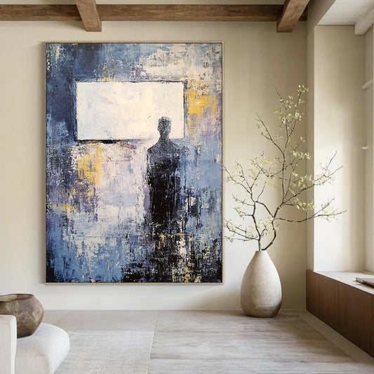 Large contemporary abstract painting featuring soft gray and blue tones with yellow accents and a vintage white rectangle on a dark grungy background. DLZ0503