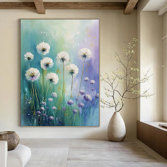 Contemporary abstract painting featuring white flowers, dandelions, and alliums in pastel hues against a green blue purple sky with gold accents. DLZ0821