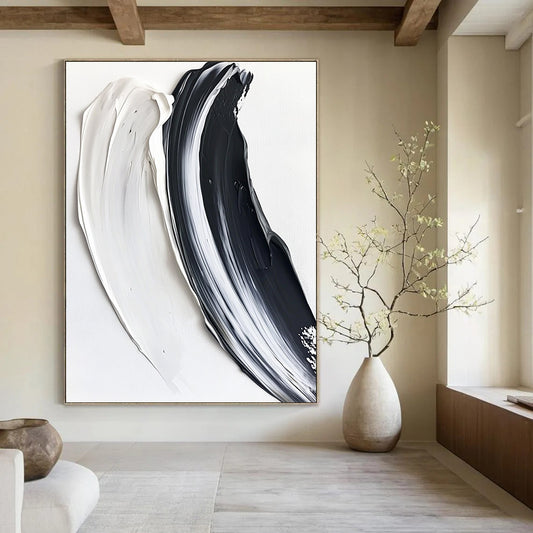 Contemporary hand-painted abstract artwork featuring two textured brushstrokes in black and white against a pure white background, creating a striking visual contrast. DLZ1230