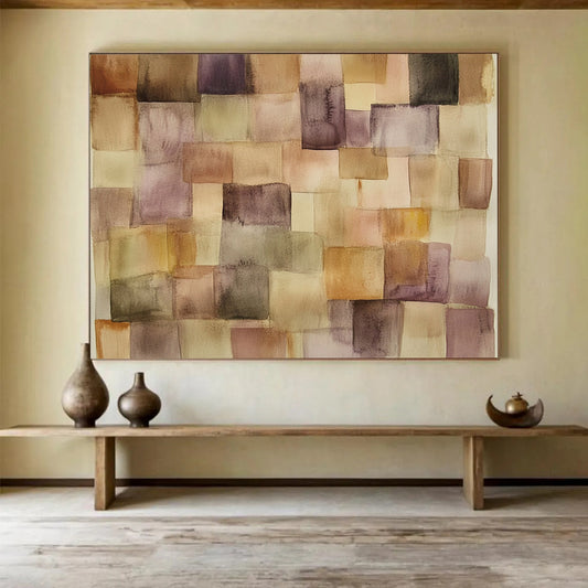 “Watercolor Square Patchwork” - Brown, Purple, Beige, Softly Blended Square Shapes - Watercolor Painting HB1768
