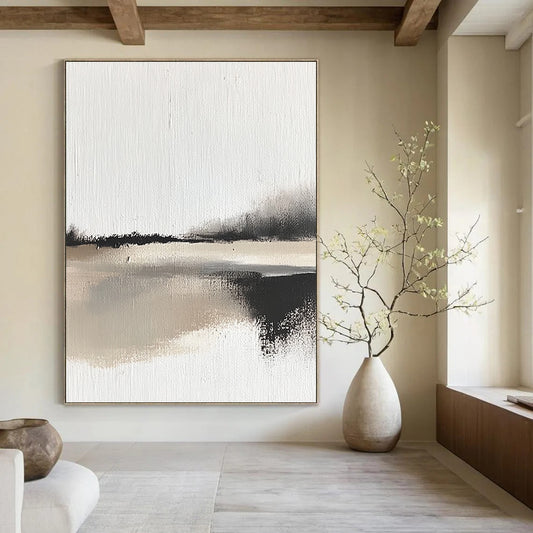 Contemporary abstract painting showcases impasto technique with bold brush strokes depicting a serene landscape and body of water in neutral tones. DLZ1349