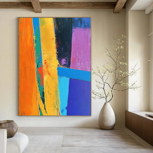Contemporary hand-painted abstract art features vibrant blue orange yellow with dynamic shapes and lines on a purple background crafted in thick acrylic strokes. DLZ0510