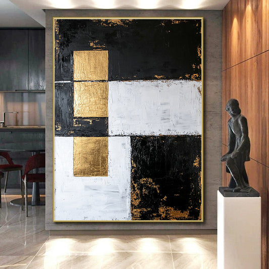 Black, White, Gold, Patchwork Squares "Gilded Fragmented Squares" Abstract Modernist Painting On Canvas HB158