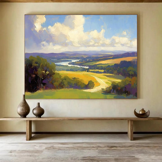 “Vibrant Panoramic Landscape” - Blue, Green, Yellow, Purple, Detailed Scenic View - Oil Painting HB1657