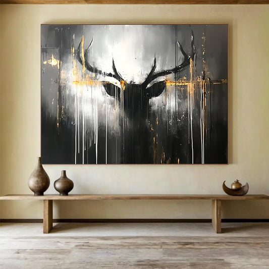 “Mystic Stag” - Dark grays, blacks, striking golds; Abstract stag head, dripping lines; Contemporary Animal Painting On Canvas HB1152