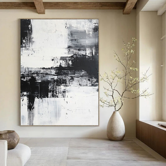 Large contemporary hand-painted abstract artwork featuring a coastal landscape with brush strokes and layers, emphasizing emotional depth in a serene monochromatic palette. DLZ0302