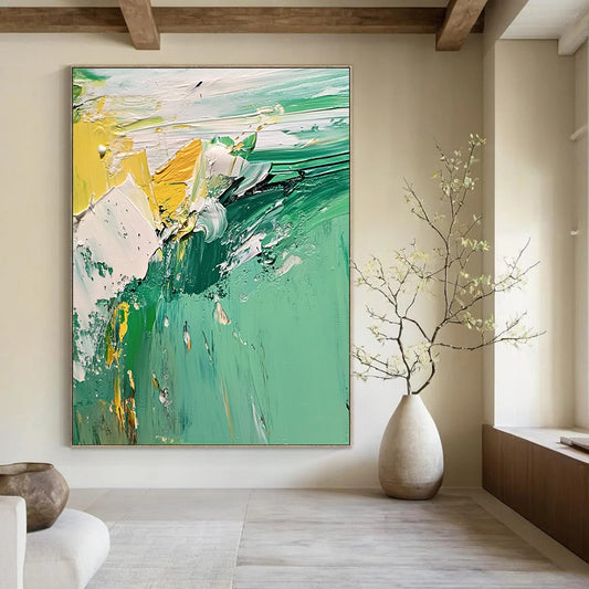 Contemporary abstract artwork featuring a vibrant green and white landscape with textured seafoam created using thick oil and acrylic paint techniques. DLZ0598