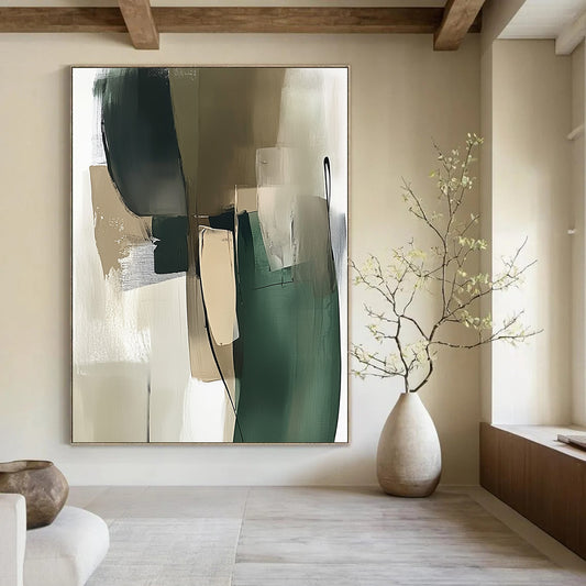 Contemporary abstract painting showcasing a green and beige palette with thick brush strokes and minimalistic shapes in a modernist style. DLZ0535