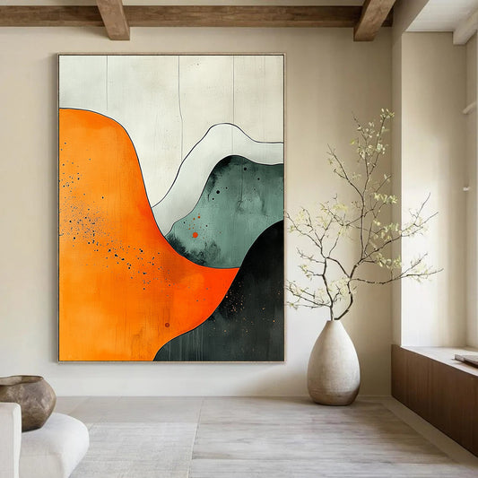 Contemporary hand-painted abstract art featuring orange white grey and black shapes with watercolor splashes on canvas texture in UHD quality. DLZ0803