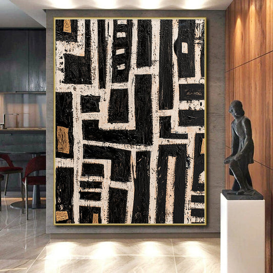 Black, White and Gold Geometric Maze "Labyrinthine Path" Painting On Canvas HB341