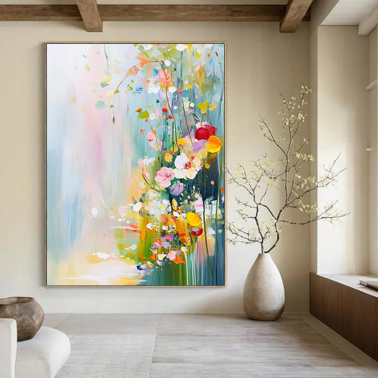 Contemporary abstract painting featuring vibrant flowers and plants in pastel colors with soft brushstrokes creating a tranquil springtime landscape. DLZ0413
