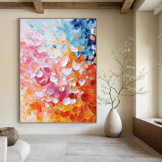 Contemporary abstract painting featuring vibrant pink, orange, and blue petals in thick impasto strokes, perfect for enhancing any modern space. DLZ0384