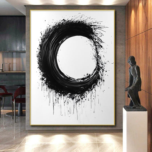 Black and White Splattered Circle "Energetic Enso" Painting On Canvas HB259