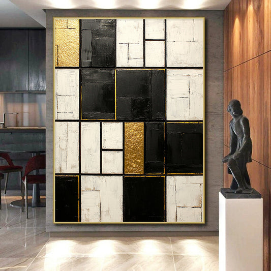 Black, White, Gold, Patchwork Squares "Gilded Mosaic" Abstract Neo - Platicist Painting On Canvas HB147