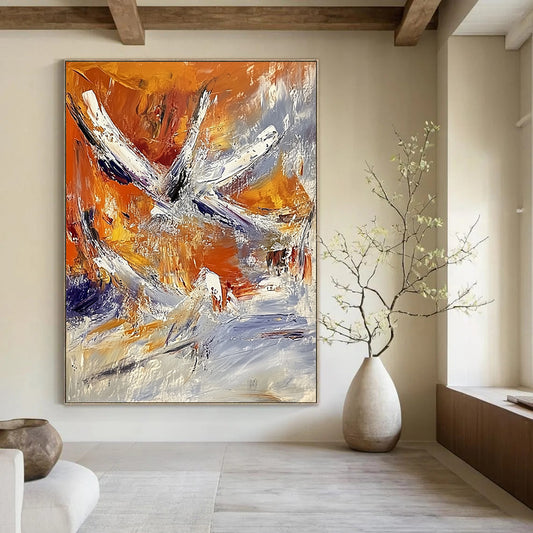 Contemporary abstract painting showcases vibrant orange and white hues with expressive brushstrokes and heavy impasto texture, evoking a captivating flight to space. DLZ0864