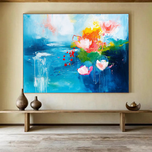“Dreamy Blue with Pink and Orange Floral Abstractions” - Blue, pink, orange, green; Abstract floral shapes on a blue background; Acrylic Painting On Canvas HB1233