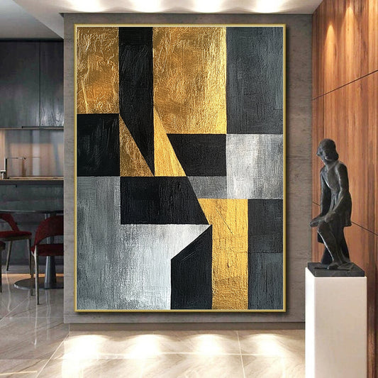 Black, Gray, Silver and Gold Geometric Abstraction "Elegant Geometry" Painting On Canvas HB372
