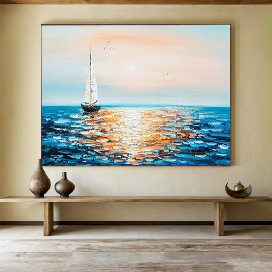 Sunset Sailboat Sea Oil Painting - Coastal Dining Room or Bedroom Art DLZ188